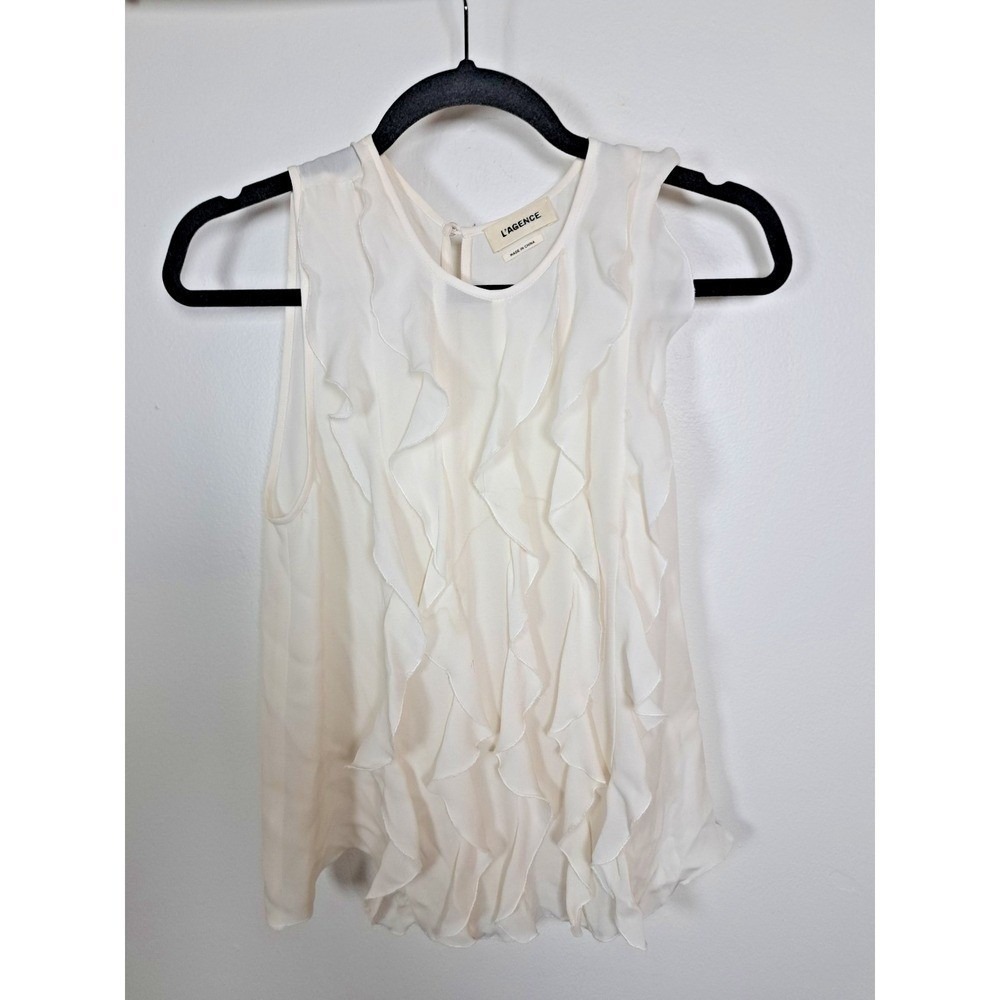 L'AGENCE Off White Ruffle Front Sleeveless Blouse Button Keyhole Back Top - Picture 2 of 9